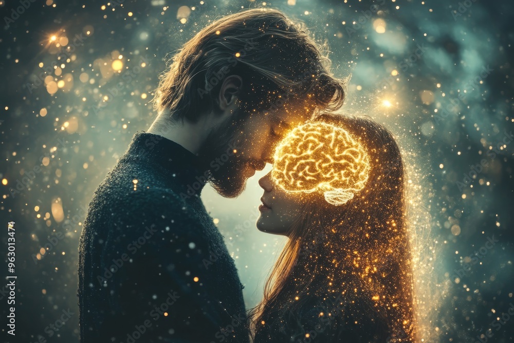 Poster neural aptitude group cohesion romantic surreal image of a man and woman facing each other with glow