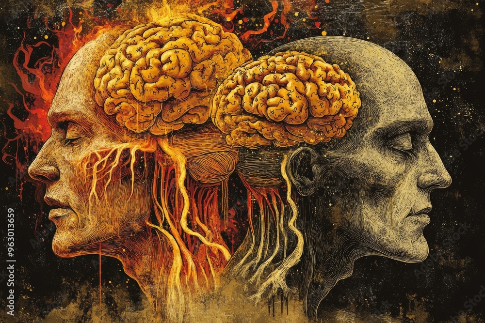 Poster brain aptitude group cohesion vibrant depiction of two heads with exposed orange brains and roots gr