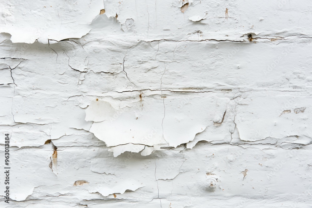 Poster old weathered white brick wall with chipped paint and peeling layers. close-up view of worn out surf