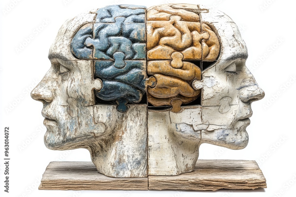 Poster mental potential group cohesion stone sculpture of two human heads with brain puzzles representing t