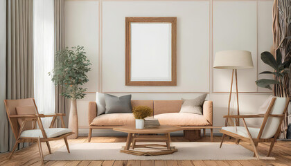 A living room with a white wall and wooden furniture