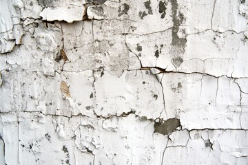 Fototapeta premium Old weathered white wall with rough texture, chipped paint, and small holes. Cracked surface reveals worn appearance. Ideal for backgrounds, textures, or distressed looks in design projects.