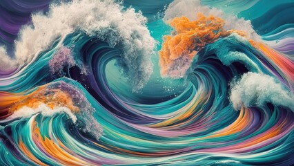 Colorful Abstract Waves Crashing Powerfully Against Each Other in Vibrant Hues During Sunset