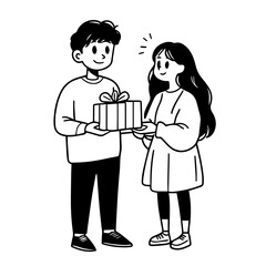Q version a photo of an asian man in blue and white shirt holding up his hand wrapped birthday present from the left side, he is standing next to her female Weeite on right with long dark hair wearing