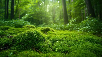 Fototapeta premium Natural mossy forest background for eco-friendly products.