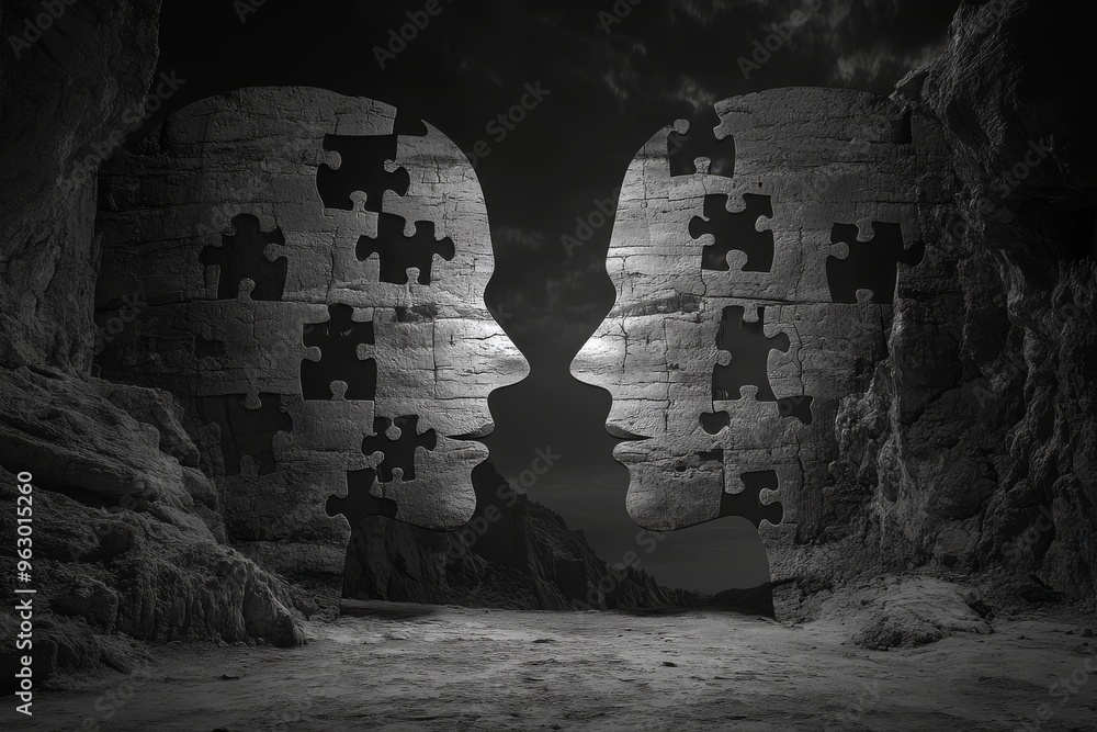 Poster intellectual strength group cohesion silhouettes of two heads with puzzle pieces missing symbolizing