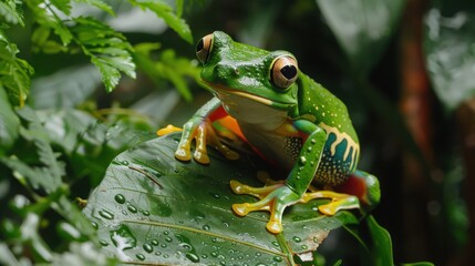 A vibrant green tree frog clinging to a leaf in a lush rainforest, its bright colors and intricate patterns standing out against the rich foliage.