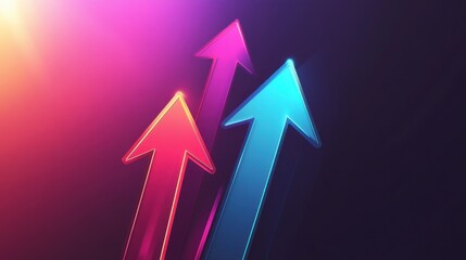 Three ascending arrows with colorful gradients pointing forward over a dynamic abstract background, representing strategic marketing growth.
