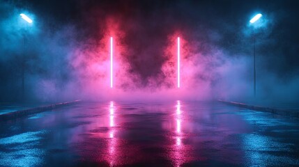 Naklejka premium Dark empty street with wet asphalt reflecting neon lights and smoke, abstract night scene with searchlight and smog, perfect for moody urban designs, cinematic visuals, and atmospheric cityscapes.