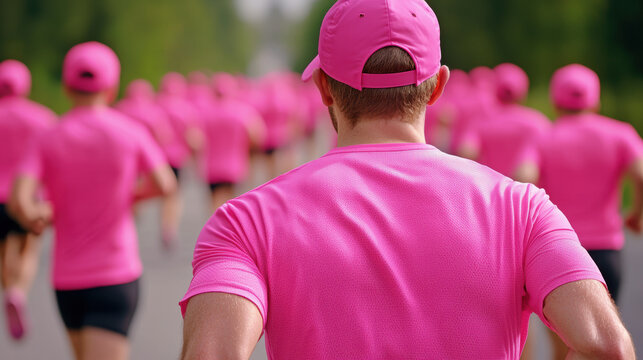Group of runners in pink attire during a breast cancer awareness marathon, united for a cause