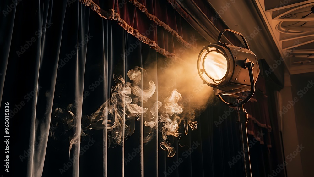 Wall mural Vintage theatre spot light on black curtain with smoke