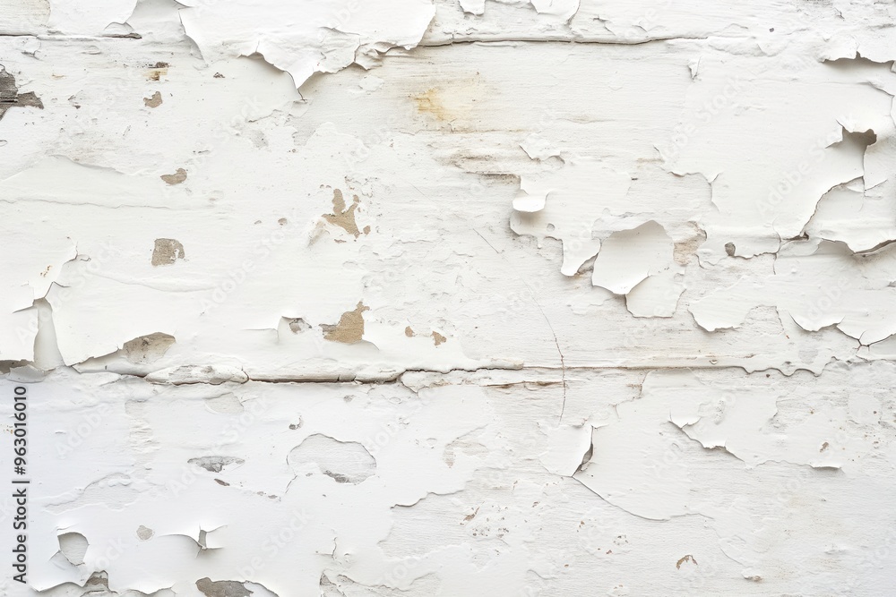 Poster weathered wooden wall with peeling paint showing wood grain. old white paint with brown and yellow p