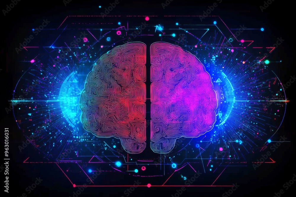 Poster brain endurance group cohesion digital rendering of a glowing brain in vibrant colors representing c