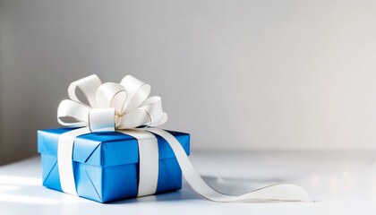 luxury blue christmas box with white ribbon over gray background with a lot of copy space