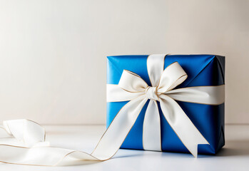 luxury blue christmas box with white ribbon over gray background with a lot of copy space