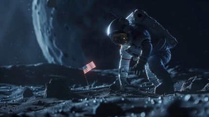 Fototapeta premium A visual of a spaceman planting a flag on the surface of a new moon or planet, marking a significant achievement in space exploration