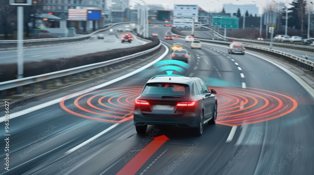 Poster a visual of a vehicle-to-vehicle communication system in action, illustrating the advanced technolog