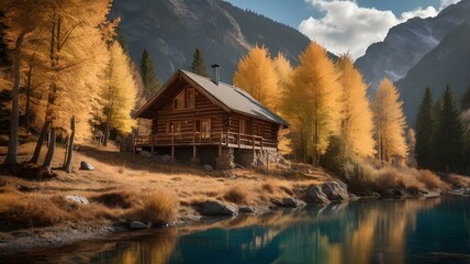 Obraz premium Autumn Serenity in a Majestic Mountain Cabin