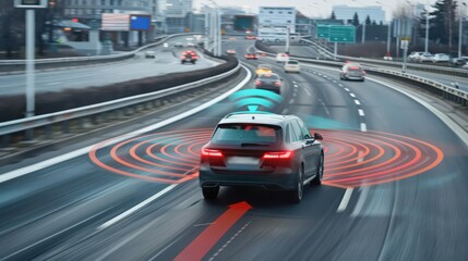 A visual of a vehicle-to-vehicle communication system in action, illustrating the advanced technology aimed at enhancing road safety