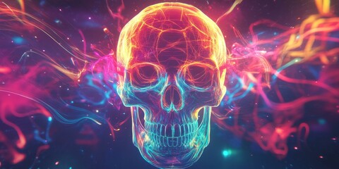 A glowing neon skull in a colorful nebula.