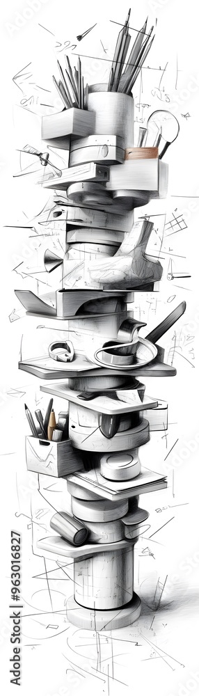 Poster stack of objects with drawings.