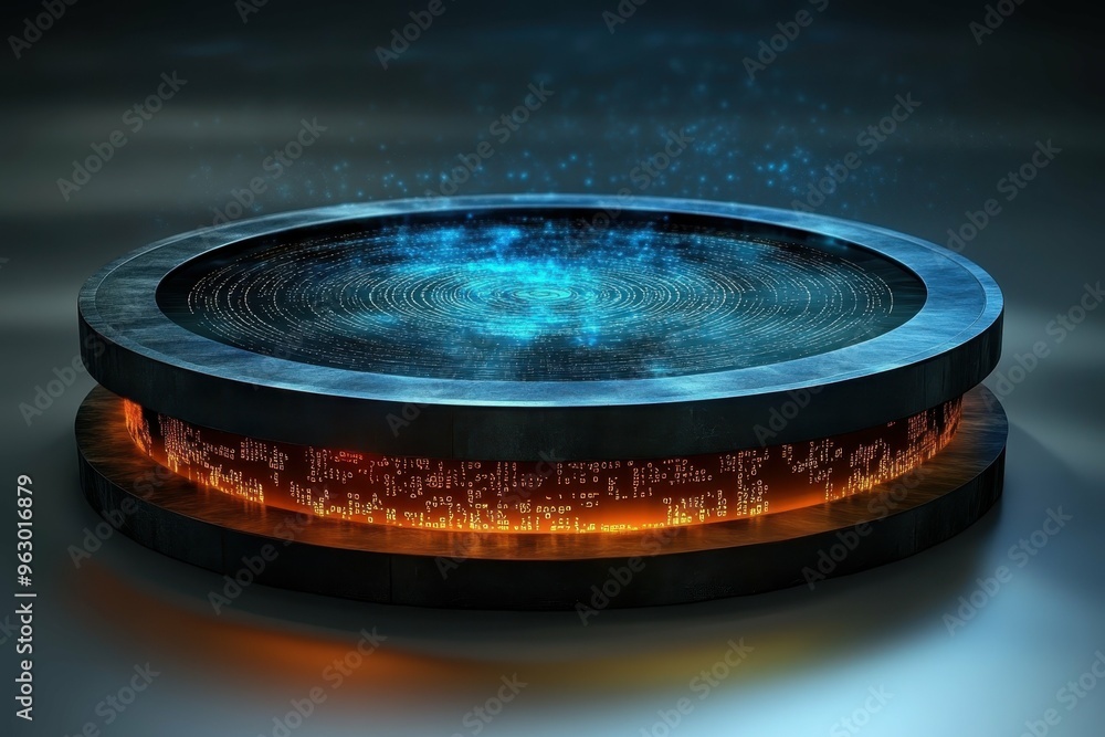 Poster a circular vault-like object with layers of encryption patterns etched onto its surface, symbolizing