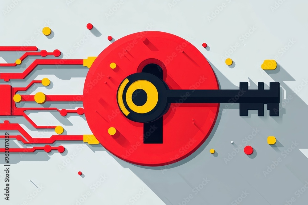 Poster a flat, symbolic key entering a stylized lock surrounded by abstract circuitry, symbolizing the unlo