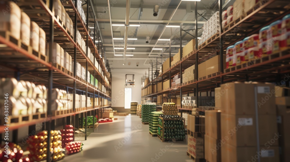 Poster a visual of a warehouse with temperature-controlled zones for storing perishable goods, illustrating