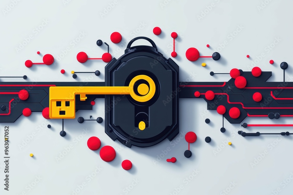 Poster a flat, symbolic key entering a stylized lock surrounded by abstract circuitry, symbolizing the unlo