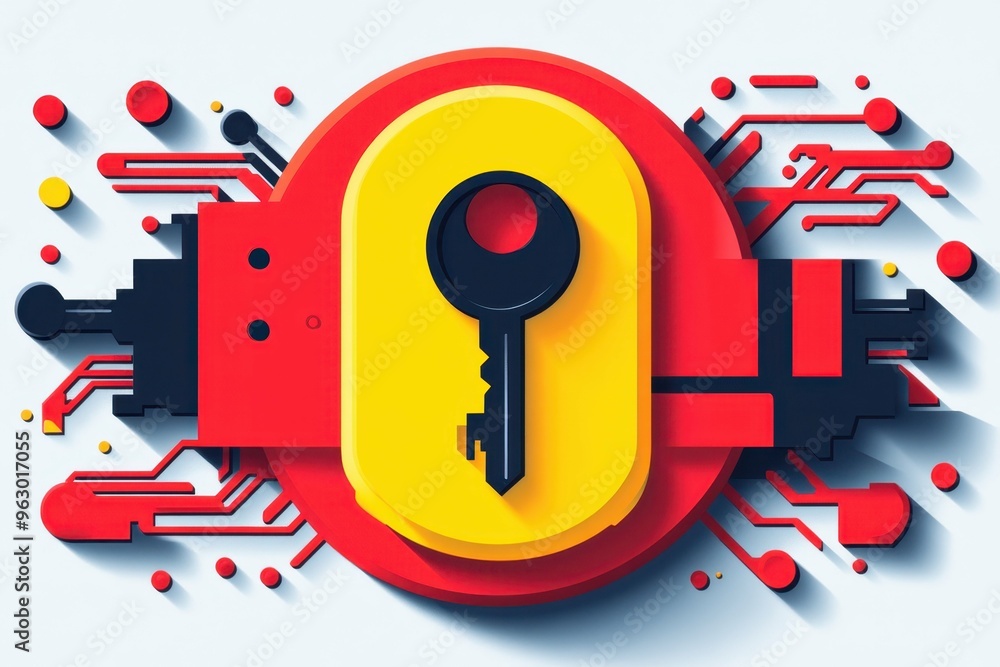 Poster a flat, symbolic key entering a stylized lock surrounded by abstract circuitry, symbolizing the unlo