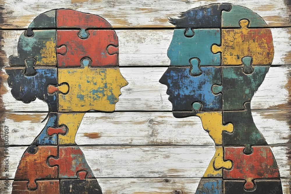 Poster fasciculus retroflexus neurocortex wooden textured silhouettes of two human heads with puzzle pieces
