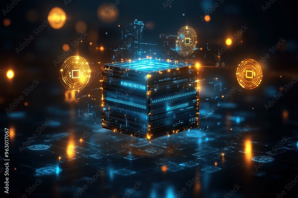 Poster a floating cube of data surrounded by swirling encryption symbols showing multiple layers of protect