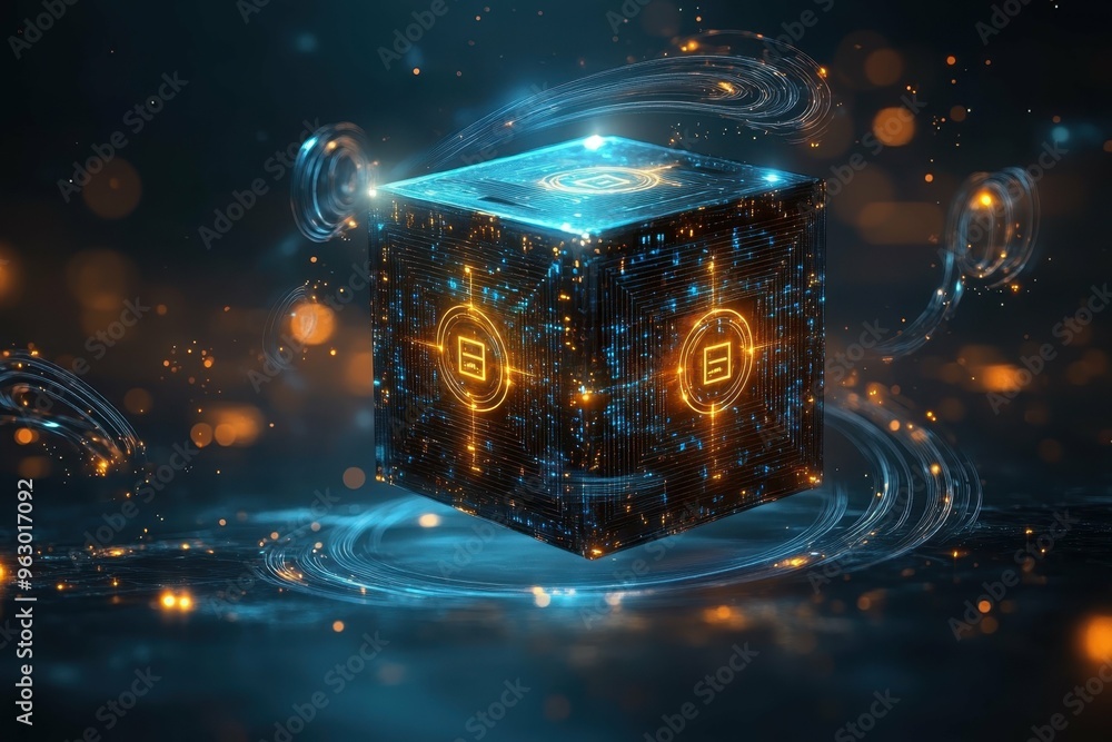 Poster a floating cube of data surrounded by swirling encryption symbols showing multiple layers of protect