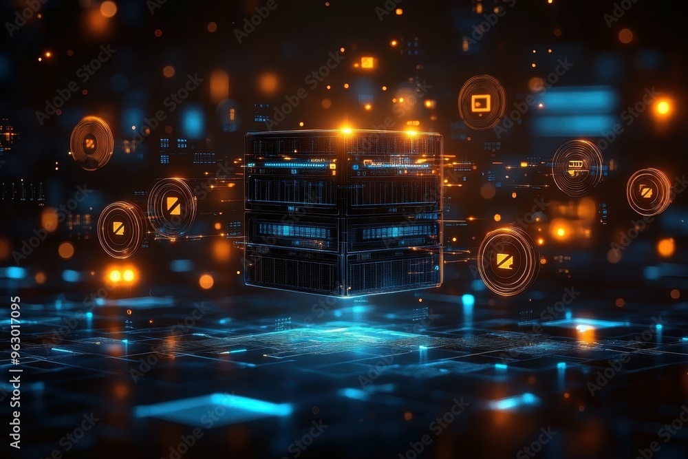Poster a floating cube of data surrounded by swirling encryption symbols showing multiple layers of protect