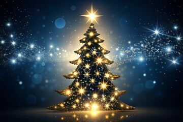 Glowing christmas tree illuminated with stars and lights in starry night sky