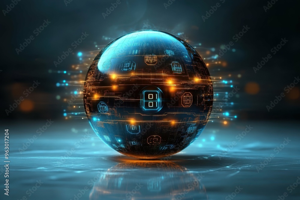 Poster a futuristic chrome sphere with multiple layers of encryption-like symbols swirling around it, empha