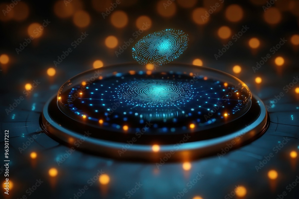 Poster a futuristic scanner with intricate designs scanning an illuminated floating fingerprint, symbolizin