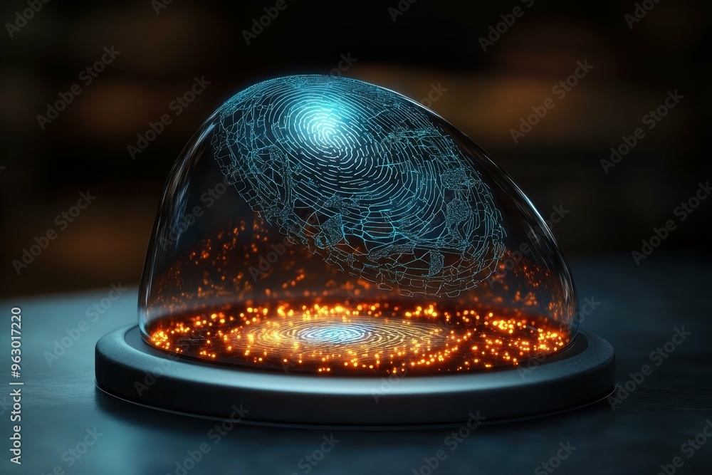 Poster a futuristic scanner with intricate designs scanning an illuminated floating fingerprint, symbolizin