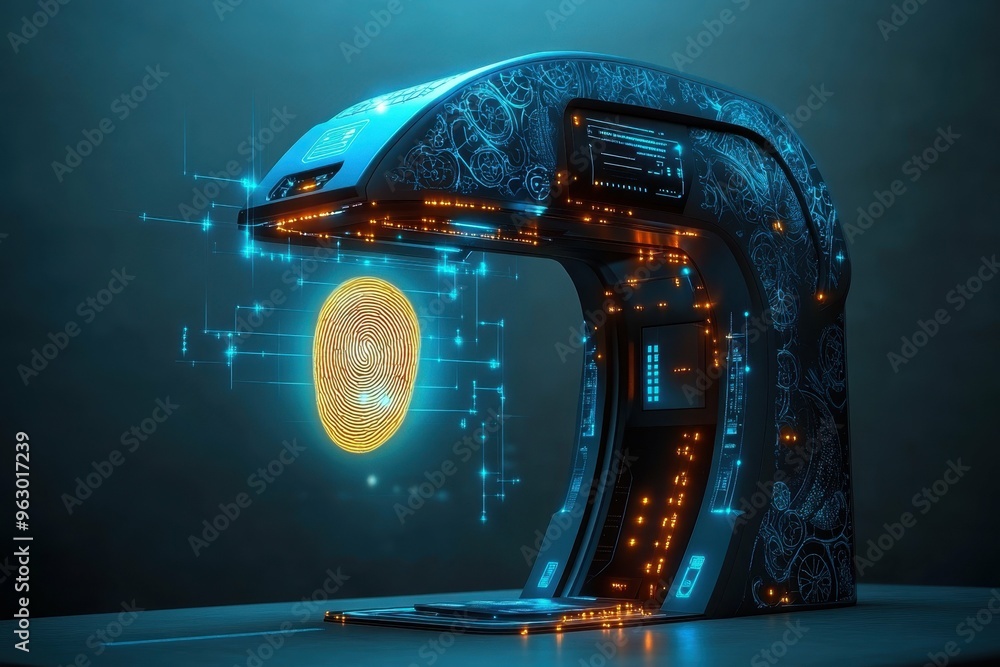 Poster a futuristic scanner with intricate designs scanning an illuminated floating fingerprint, symbolizin