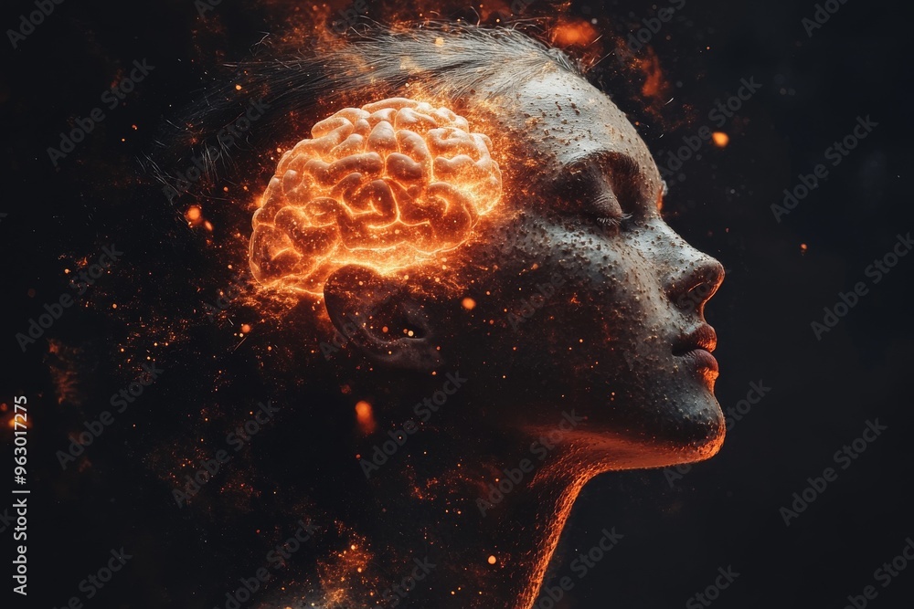 Poster cognitive strength neurocortex fiery brain glowing on a dark background symbolizing the intense ener