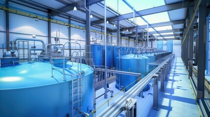 A visual of a water purification plant with large tanks and filtration systems ensuring the production of safe drinking water.