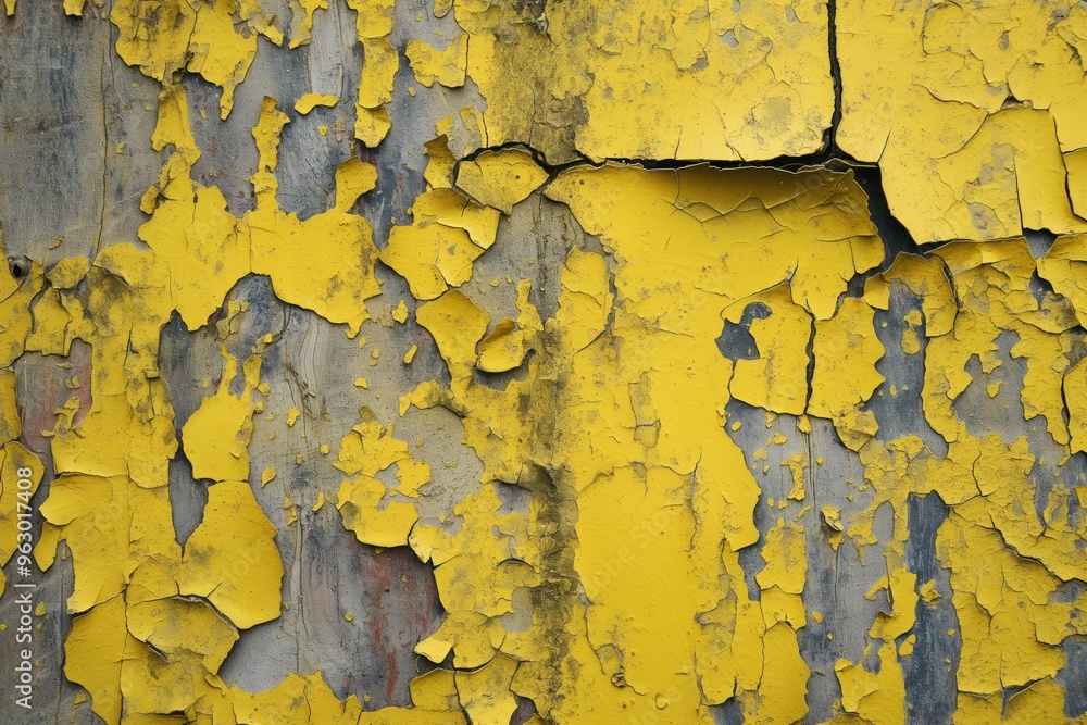 Poster Old yellow weathered paint wall with peeling chipped cracks revealing concrete surface. Close-up view from side shows yellow gray white color scheme. No text objects visible.