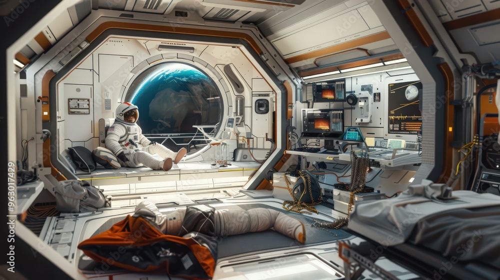 Poster a visual of an astronaut inside a space habitat, performing daily tasks and maintaining a home away 