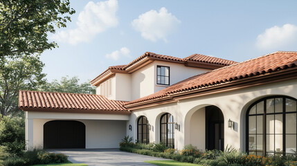 Fototapeta premium Elegant Roofing: Perspective View of Luxury Home Roof Tiles, Showcasing the Exterior of a Contemporary Residential Villa. photo
