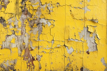 Old yellow weathered paint wall with peeling paint chips revealing wooden boards. Aged surface with random pattern of chipped paint, close-up view showing worn-out texture.
