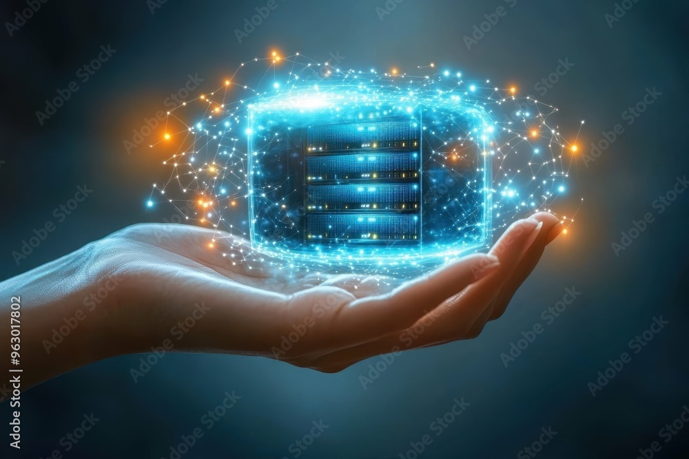 Poster a hologram of a secure server rack in a hand surrounded by layers of protective light, illustrating 