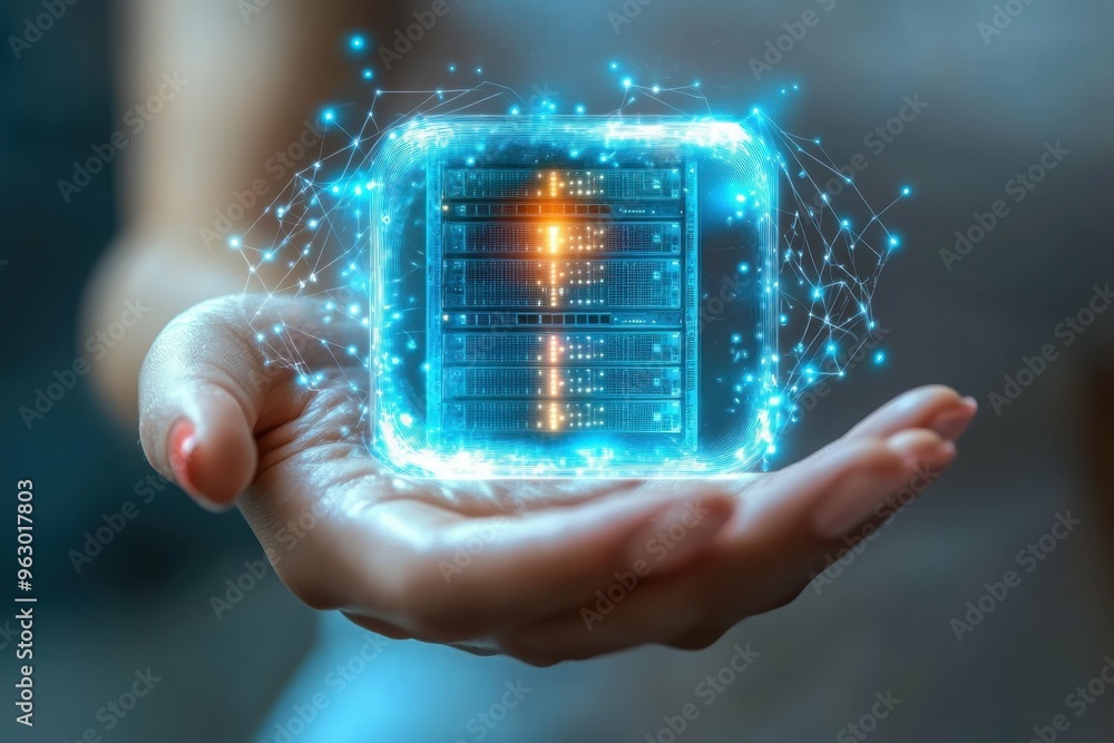 Poster a hologram of a secure server rack in a hand surrounded by layers of protective light, illustrating 