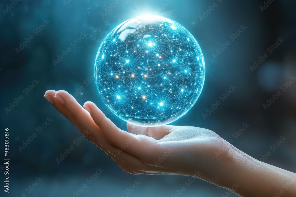 Poster a holographic globe floating above a hand with secure data nodes spread across it, reflecting the gl