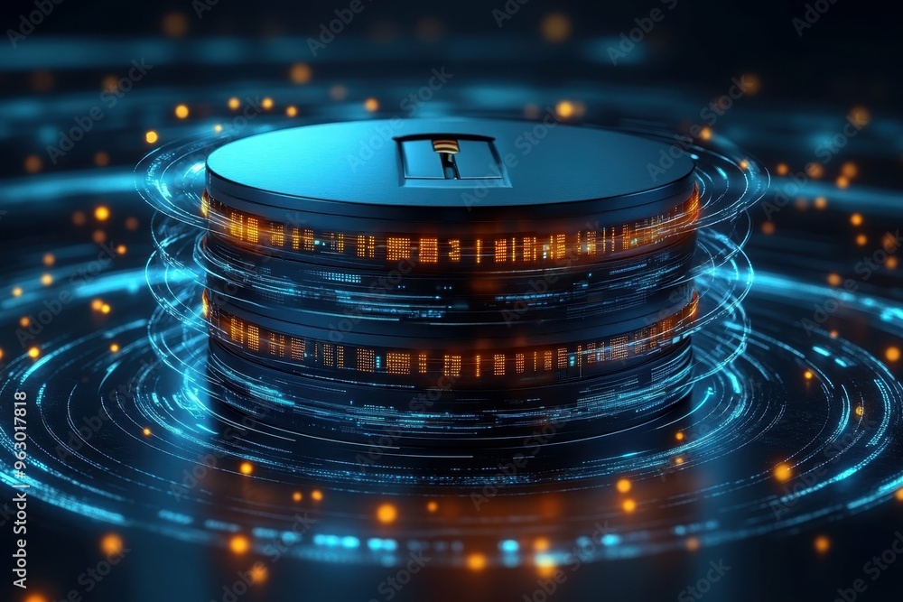 Poster a high-tech lock surrounded by swirling data streams showing layers of protection, symbolizing advan