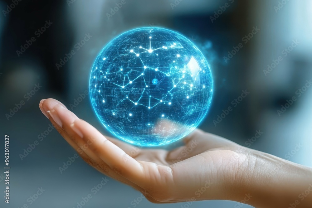 Poster a holographic globe floating above a hand with secure data nodes spread across it, reflecting the gl